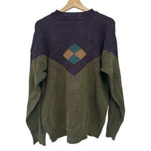 Vintage Structure Argyle Sweater Large Green Colorblock 90s Crew Neck Men’s
